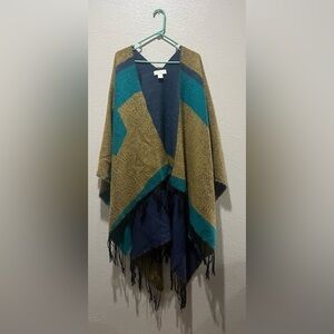 Adrienne Vittadini Colorful Geometric Poncho with Fringe OS Boho Cottage Core
